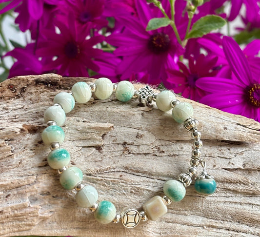 Ceramic Beads Bracelet With Charm - Cracked Green