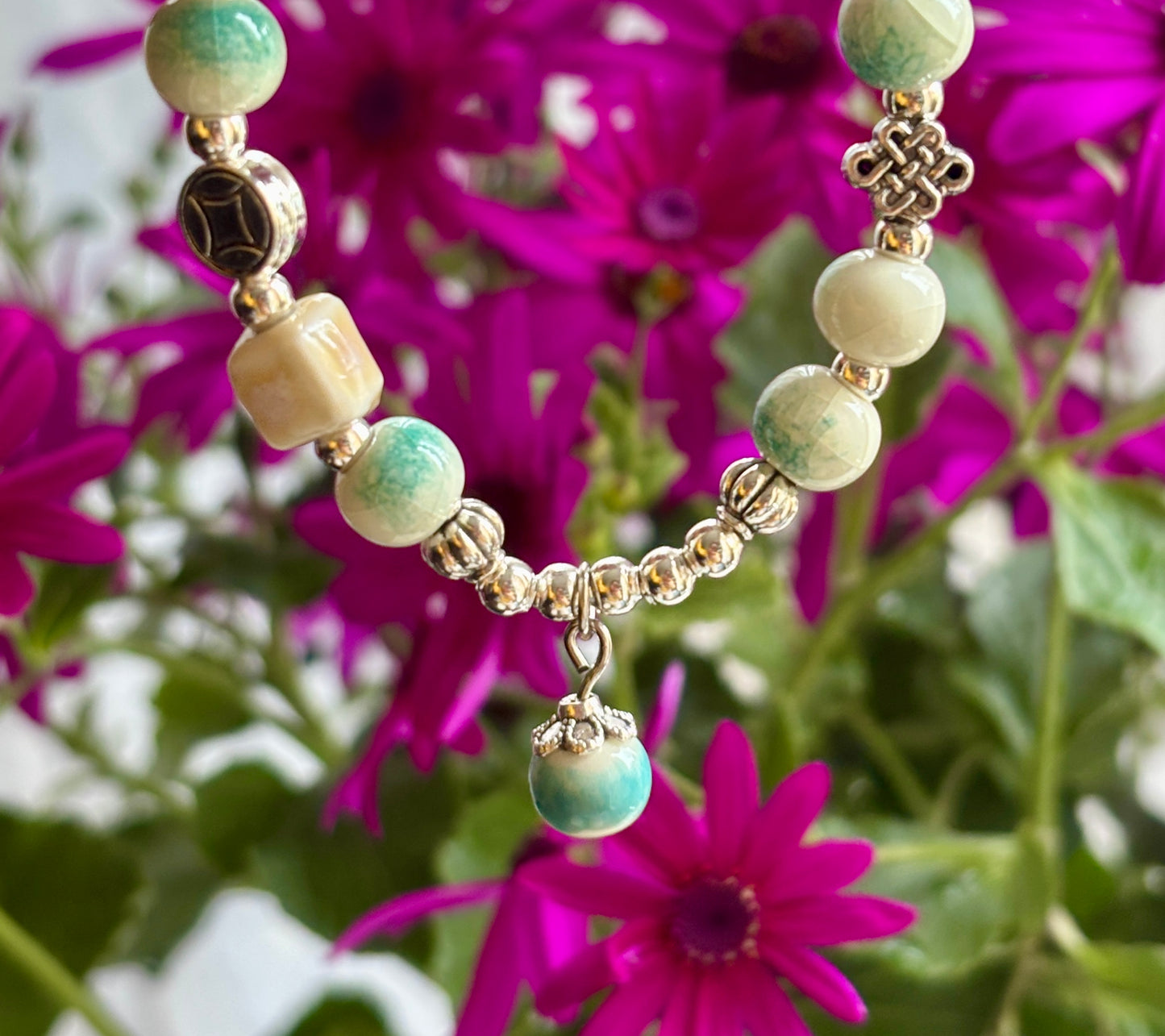 Ceramic Beads Bracelet With Charm - Cracked Green