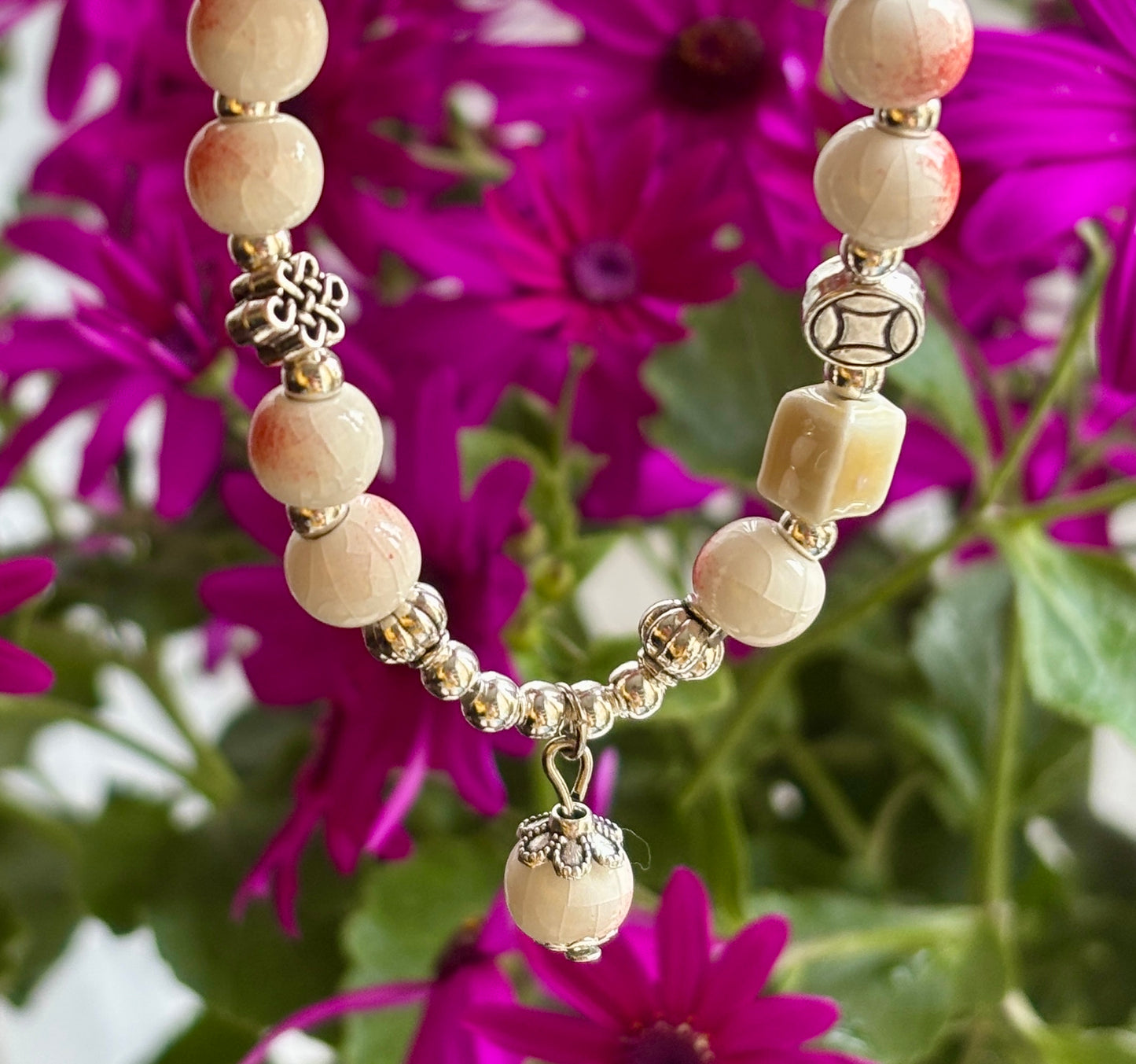 Ceramic Beads Bracelet With Charm - Cracked Coral