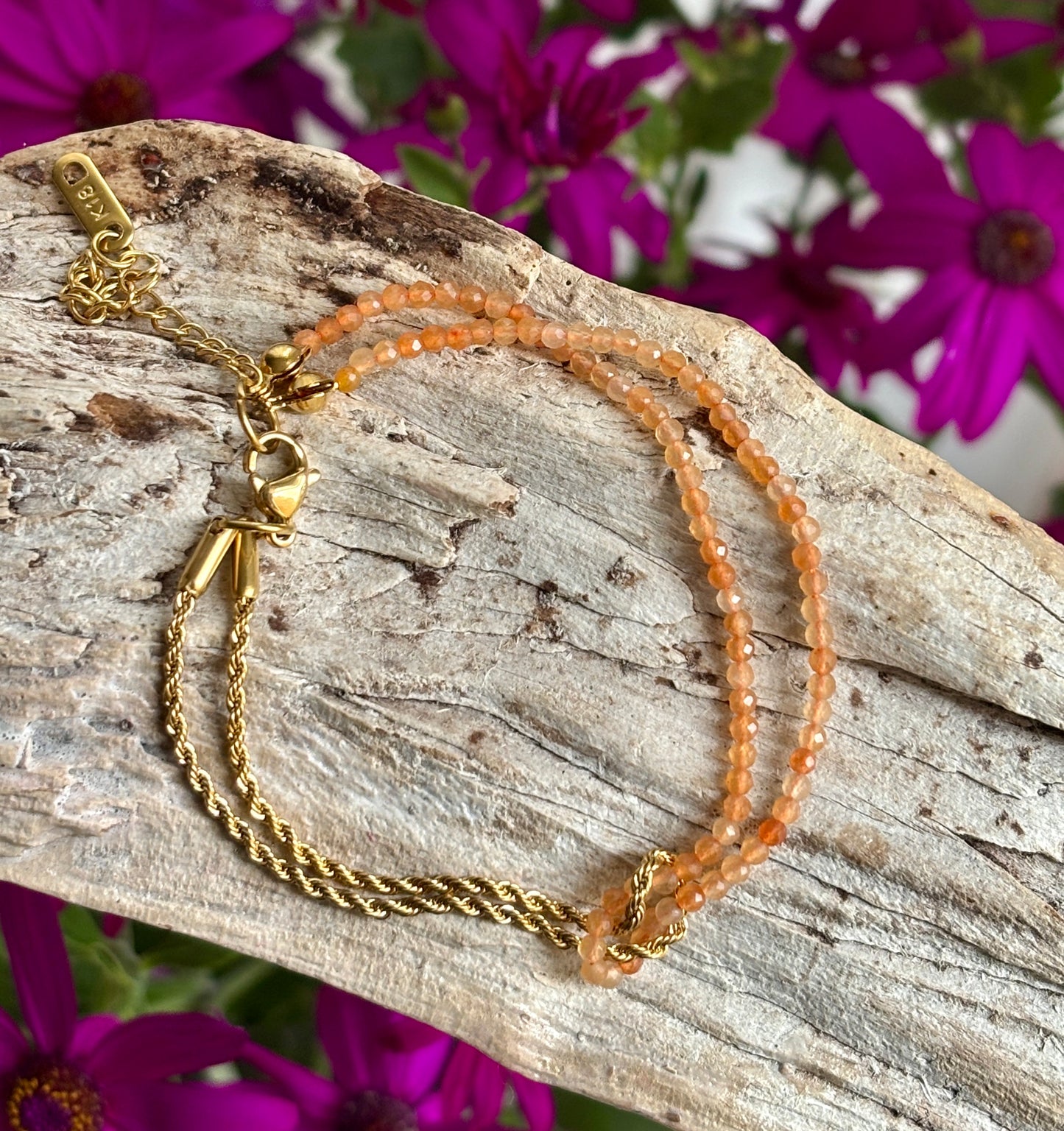 18ct Gold Plated Orange Aventurine Beads Twisted Chain Bracelet