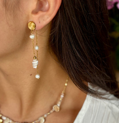 18ct Gold Plated Pearl Shell Dangle Earrings  