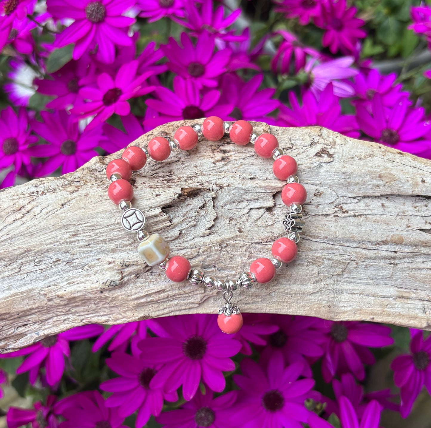 Ceramic Beads Bracelet with Charm - Pink