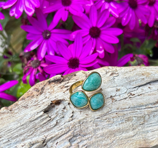 18ct Gold Plated Faceted Amazonite Triple Stone Ring   