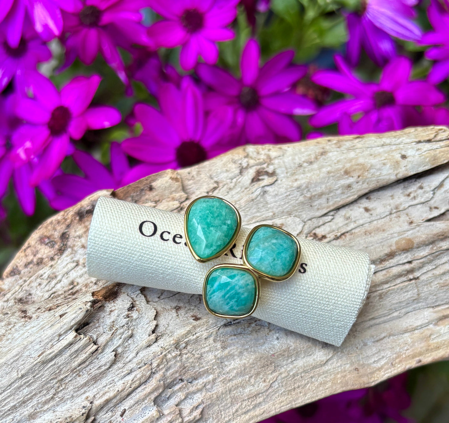 18ct Gold Plated Faceted Amazonite Triple Stone Ring   