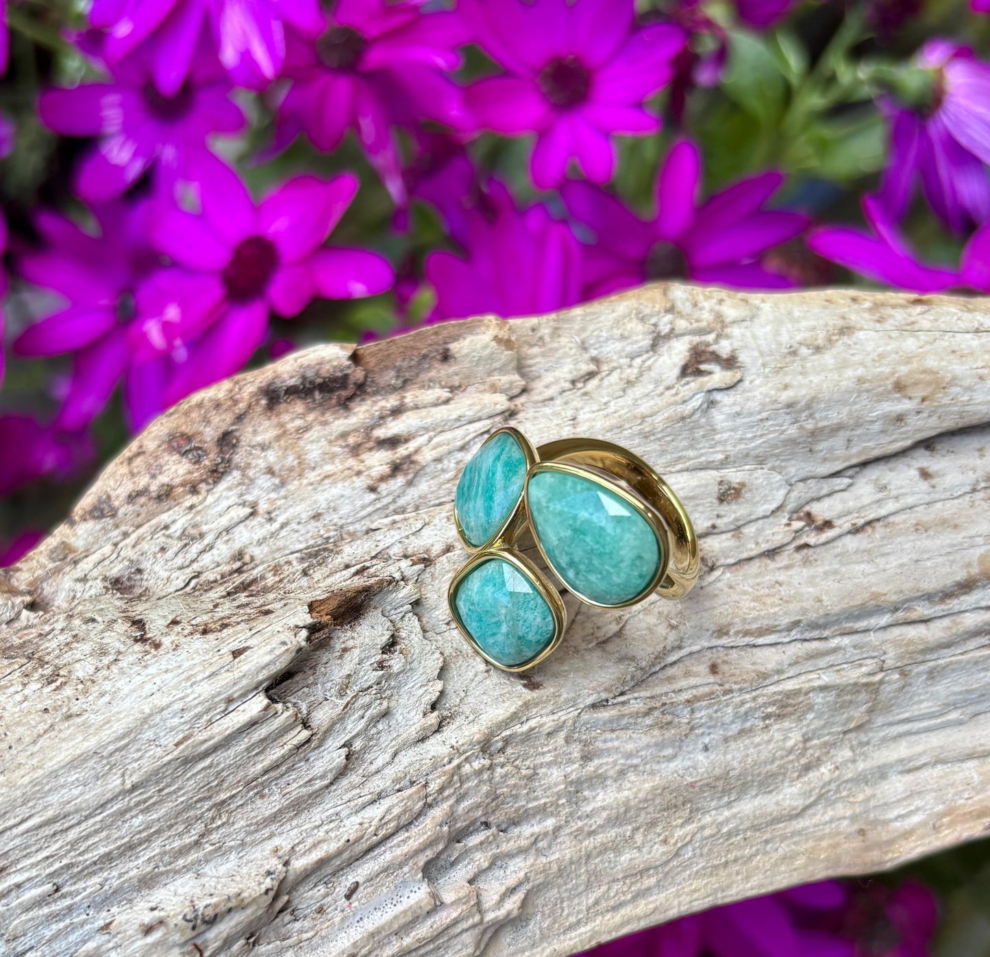 18ct Gold Plated Faceted Amazonite Triple Stone Ring   