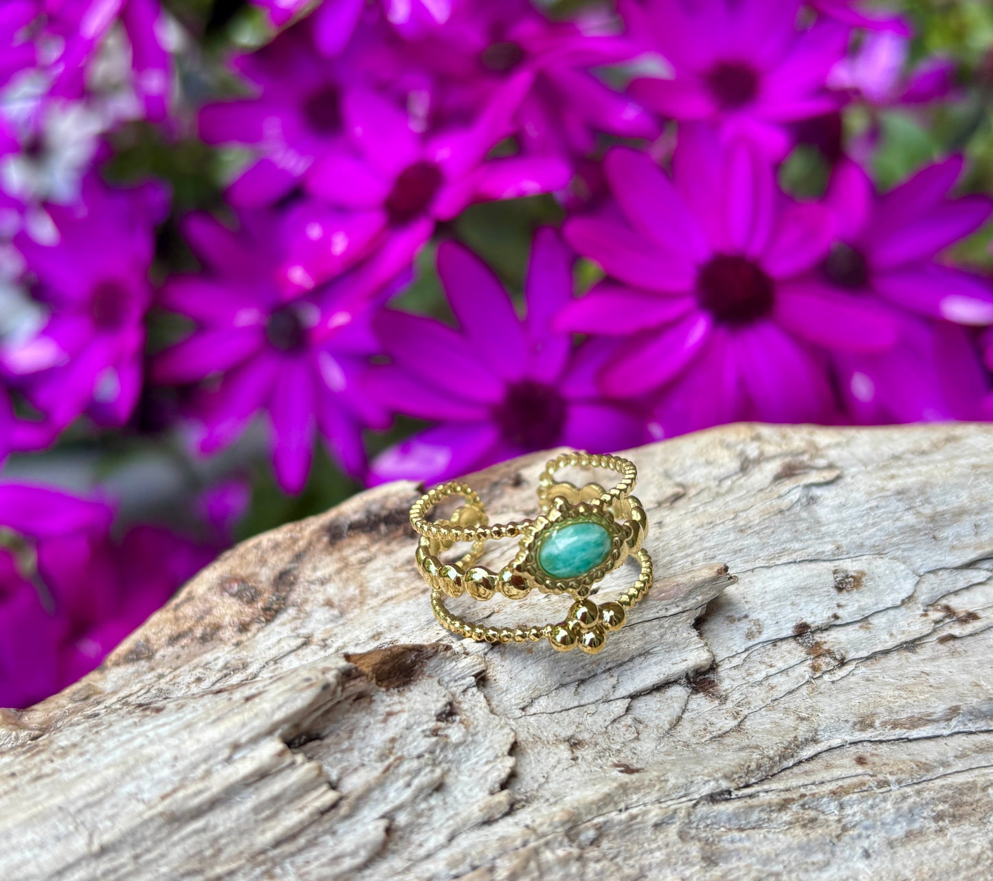 18ct Gold Plated Faceted Amazonite Triple Band Ring