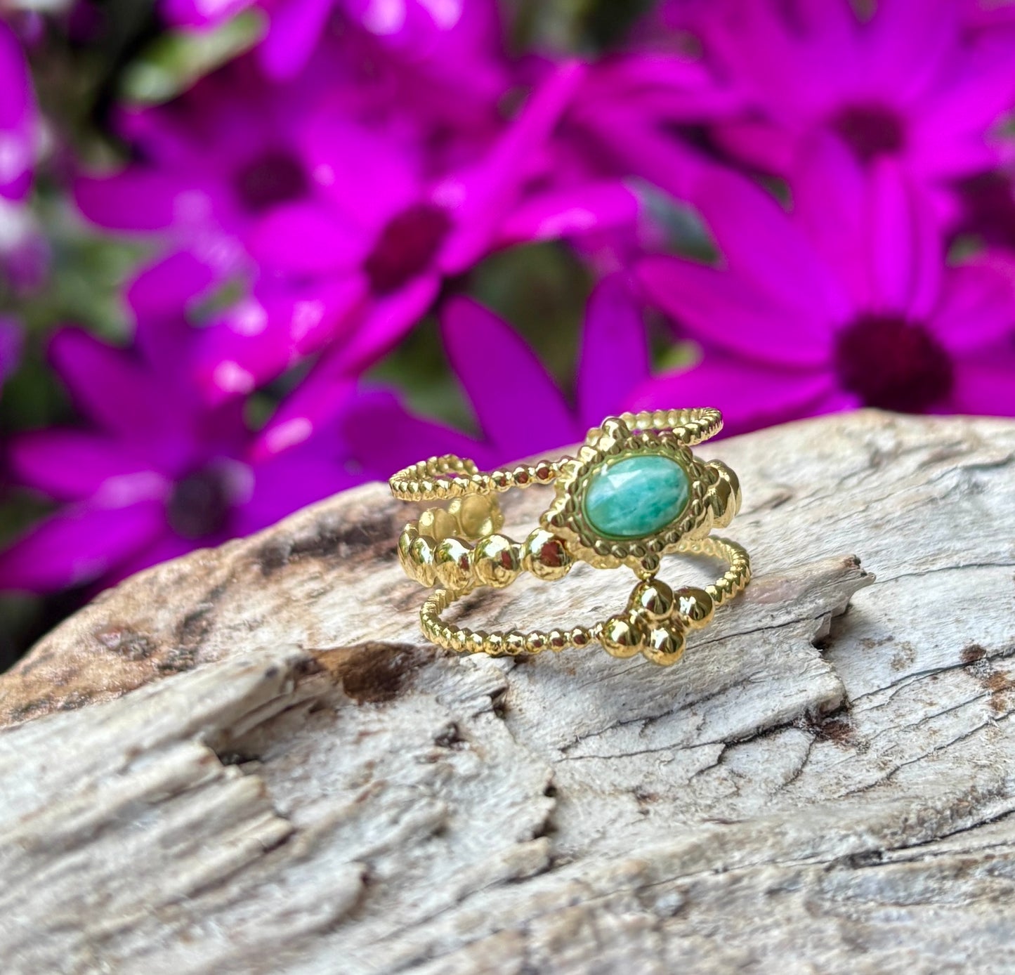 18ct Gold Plated Faceted Amazonite Triple Band Ring