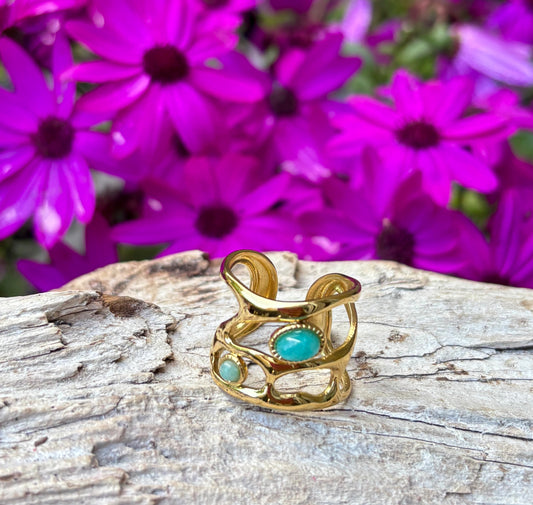 18ct Gold Plated Adjustable Amazonite Cage Ring   