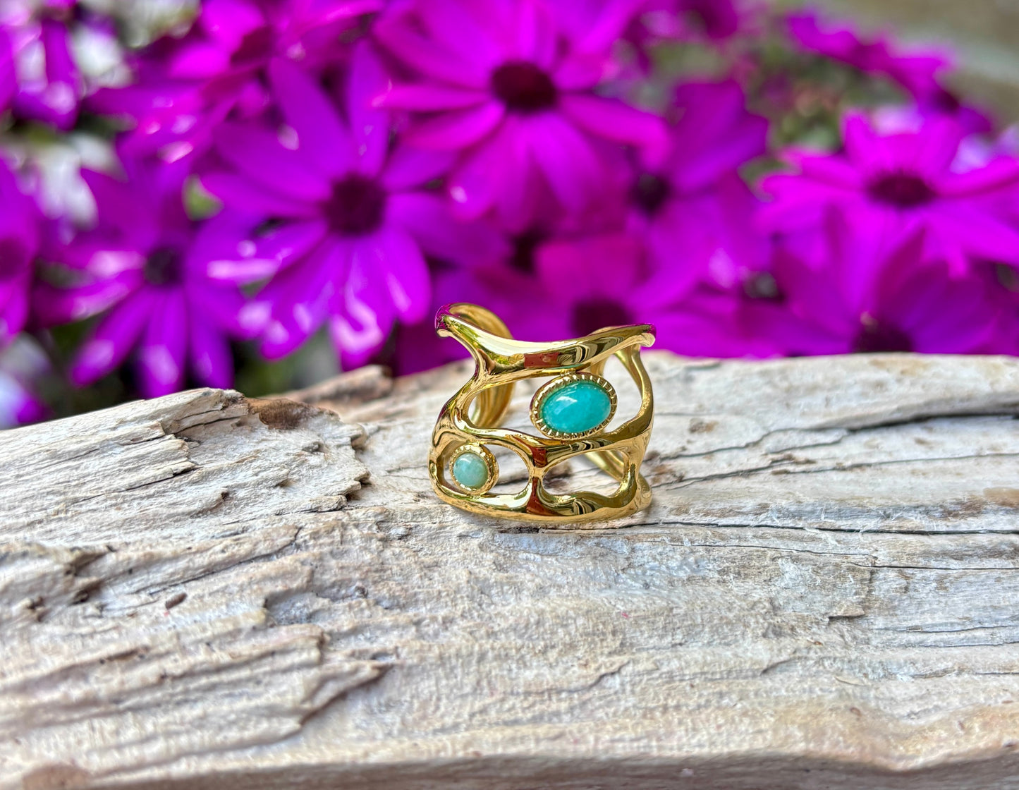 18ct Gold Plated Adjustable Amazonite Cage Ring   