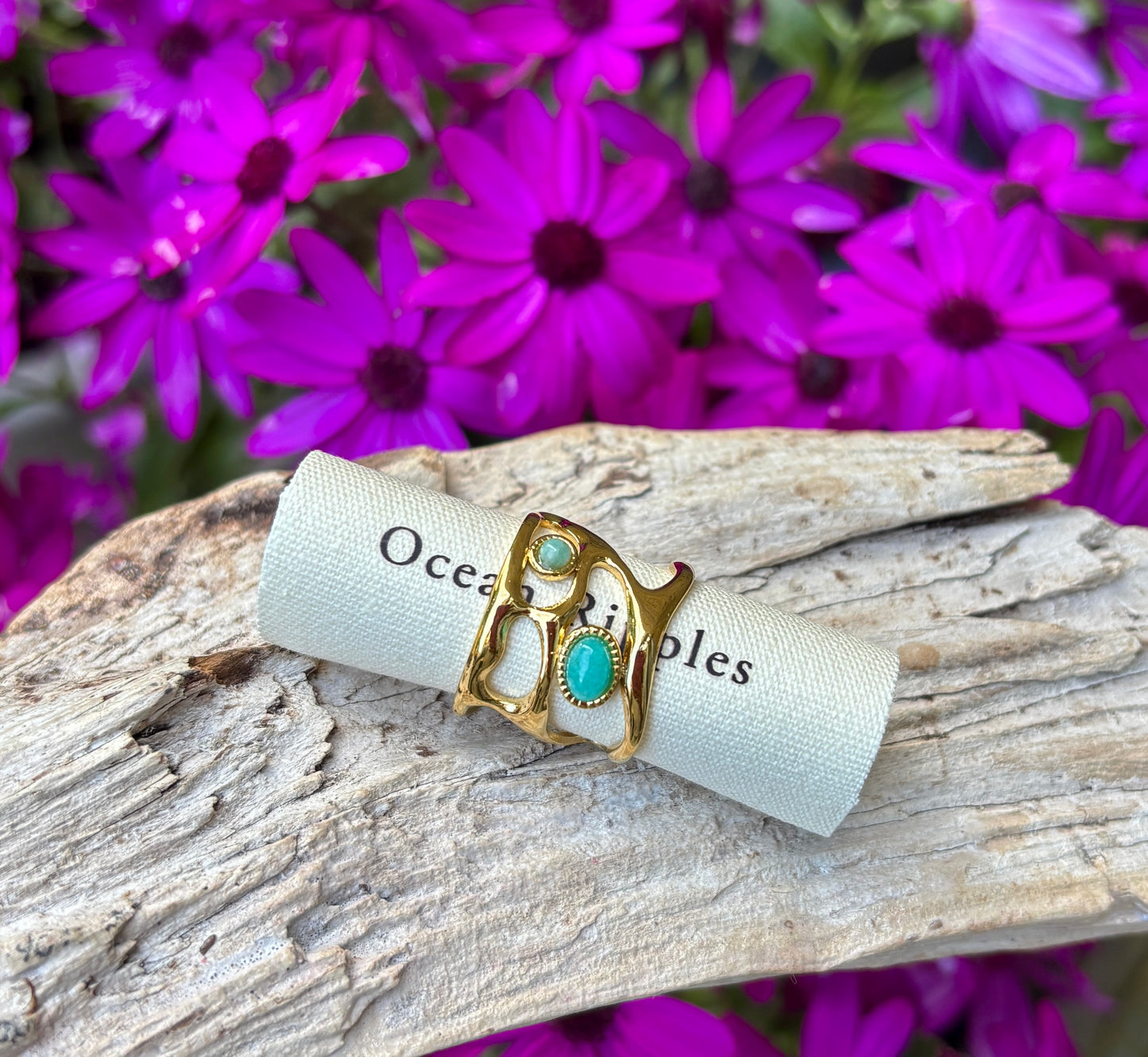 18ct Gold Plated Adjustable Amazonite Cage Ring   