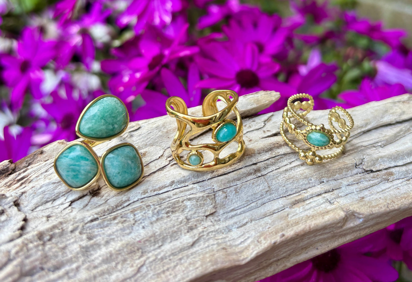 18ct Gold Plated Faceted Amazonite Triple Band Ring
