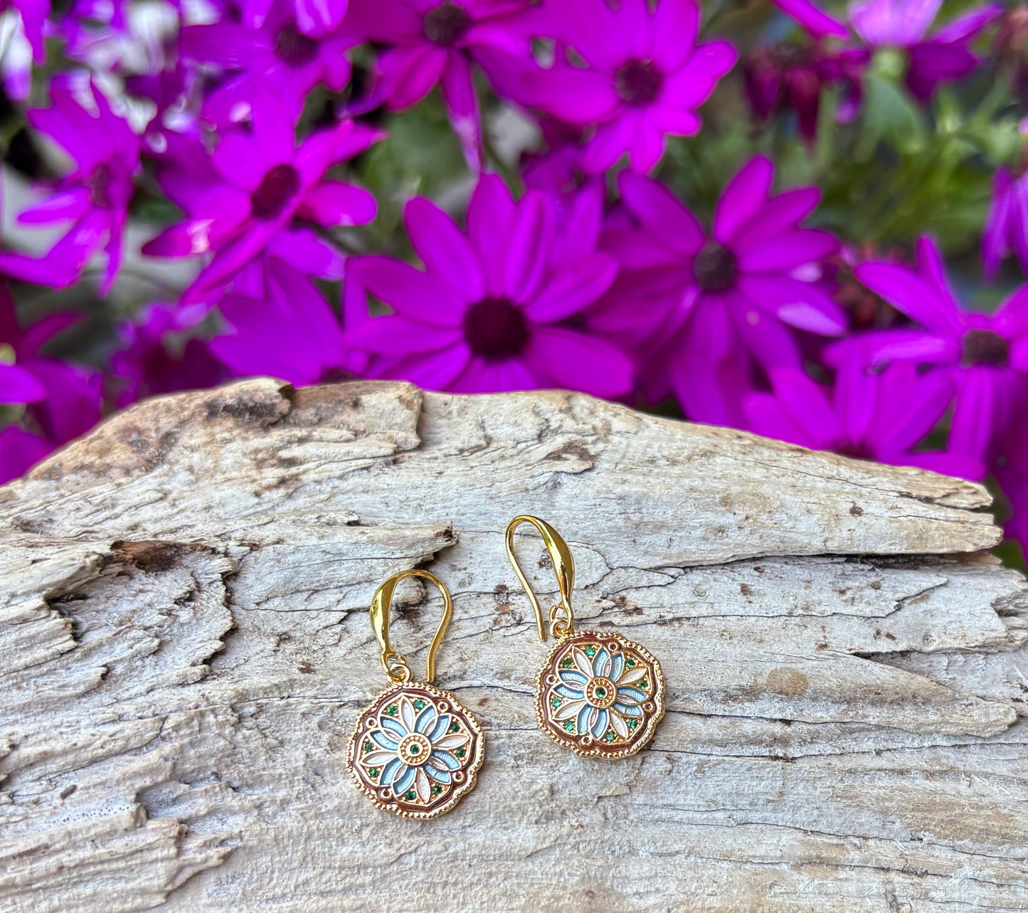 14ct Gold Plated Floral Mosaic Drop Earrings