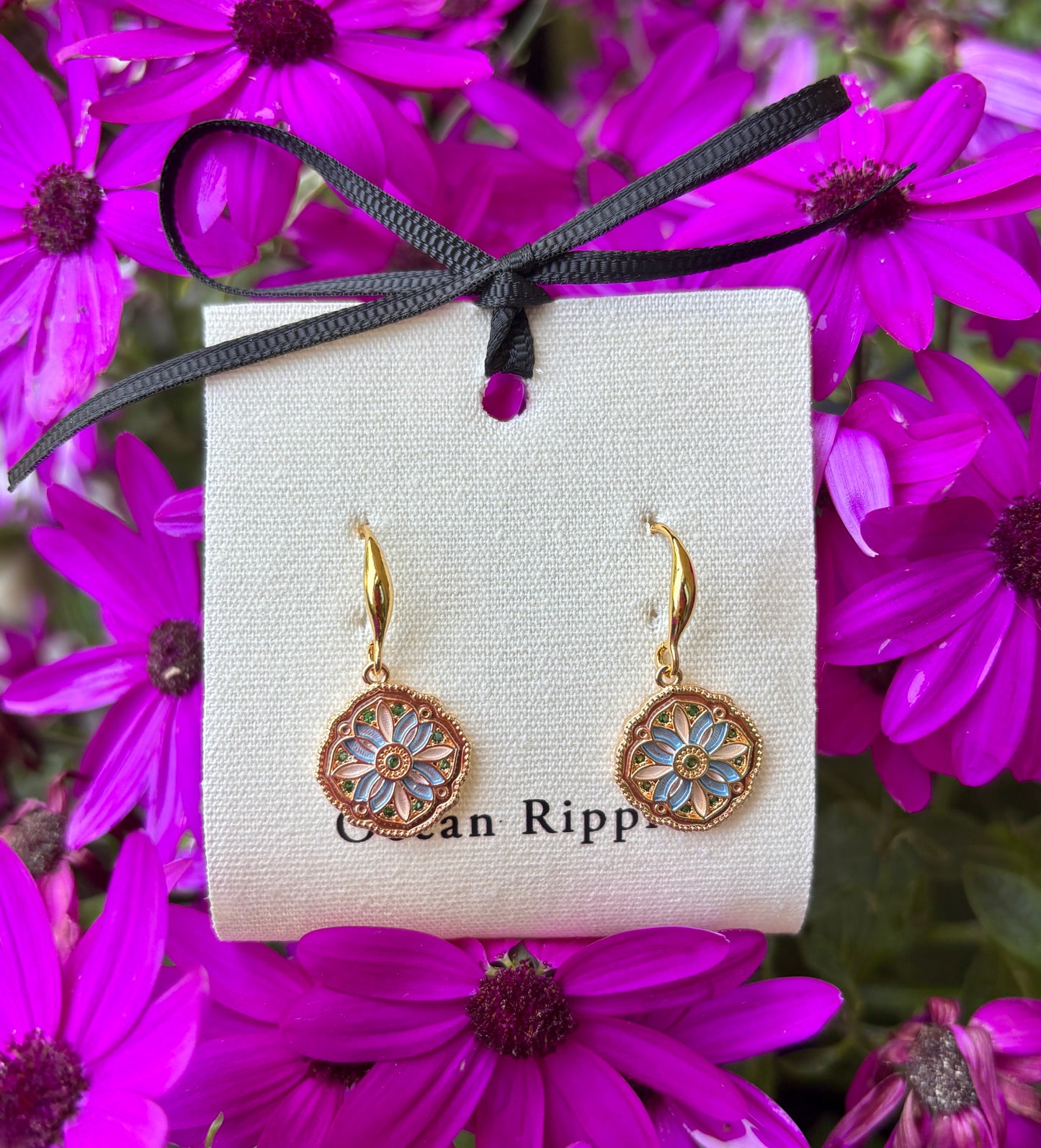 14ct Gold Plated Floral Mosaic Drop Earrings