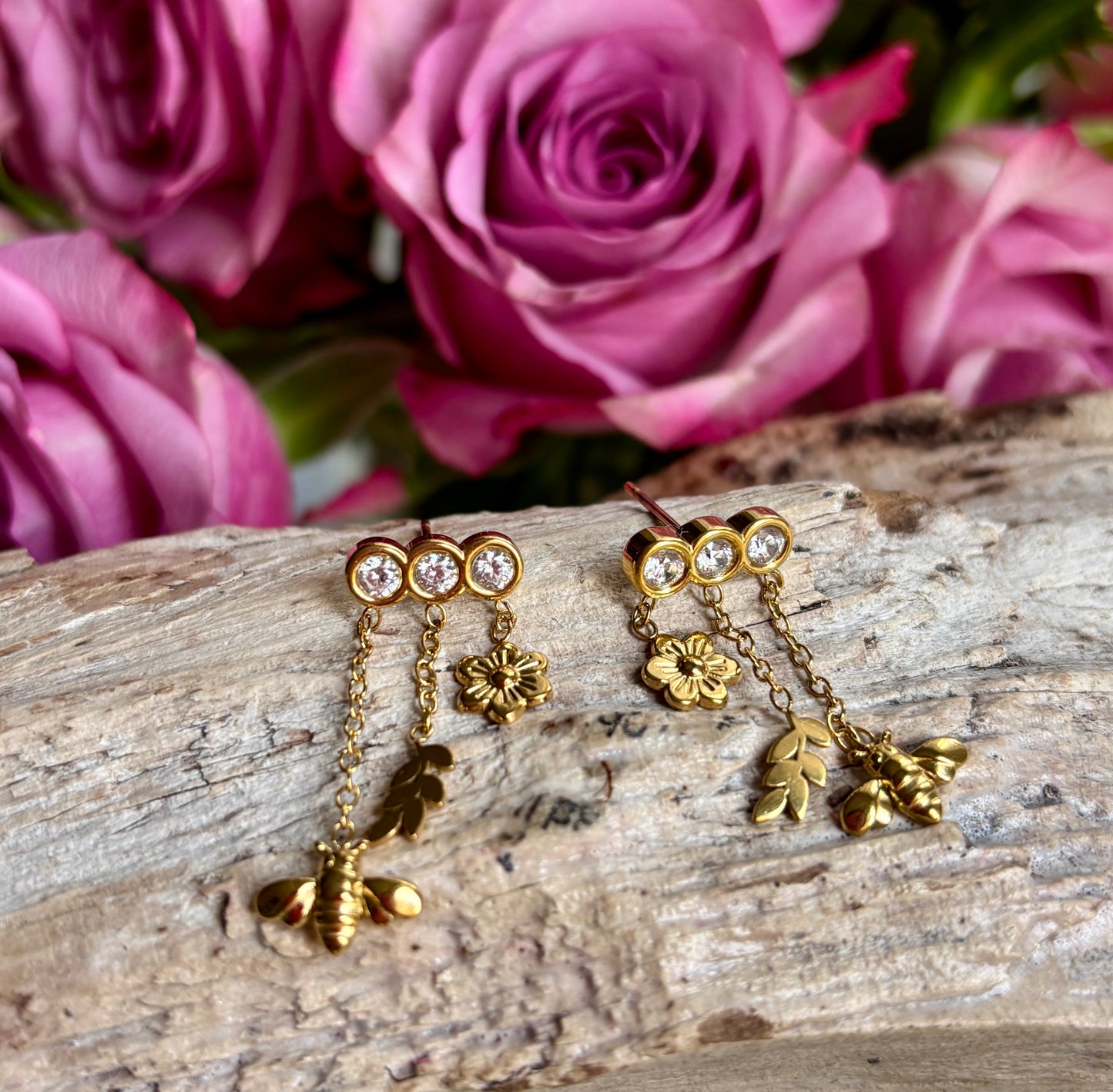 18ct Gold Plated Cubic Zirconia Honeybee Charm Drop Earrings