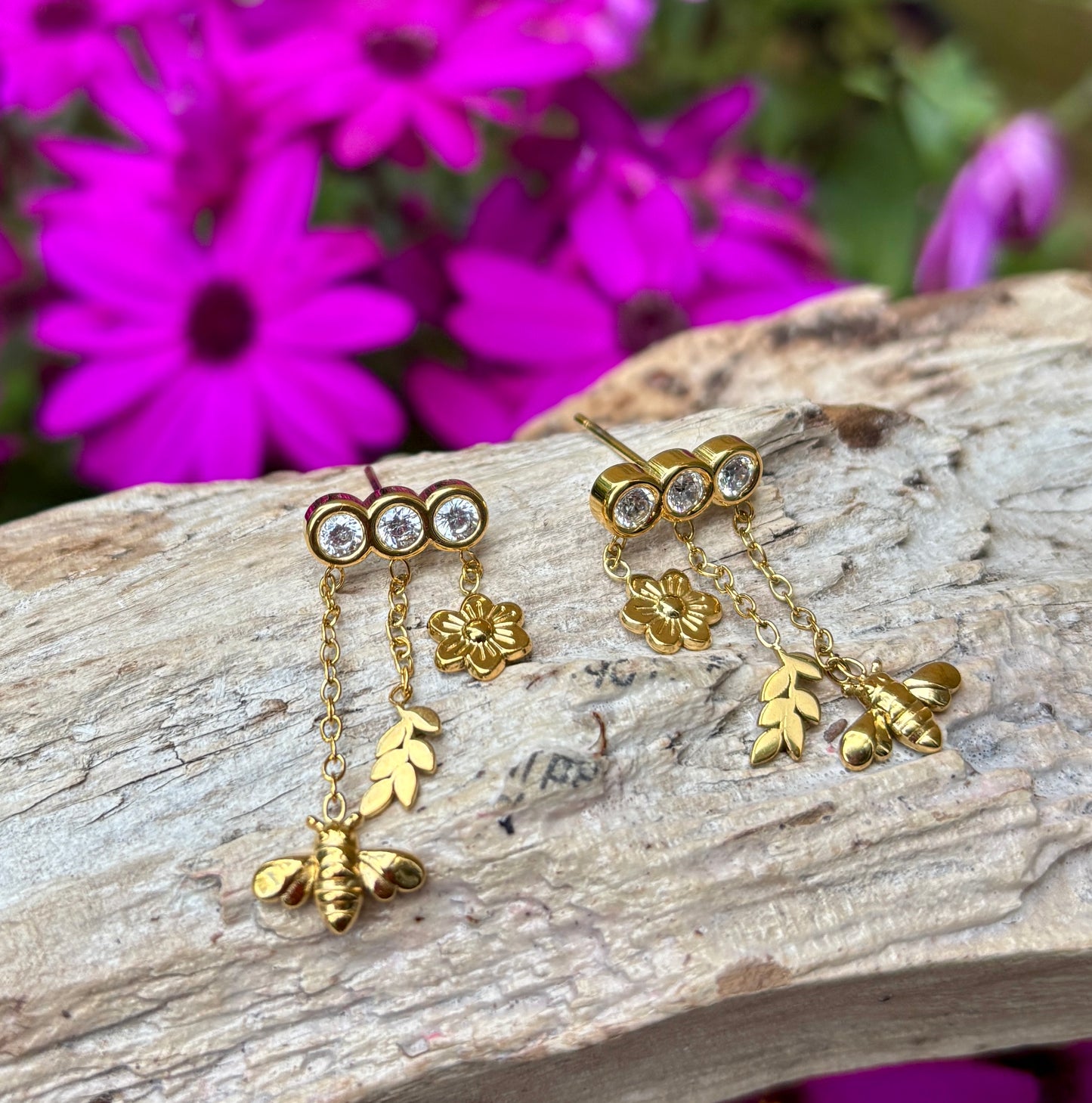 18ct Gold Plated Cubic Zirconia Honeybee Charm Drop Earrings