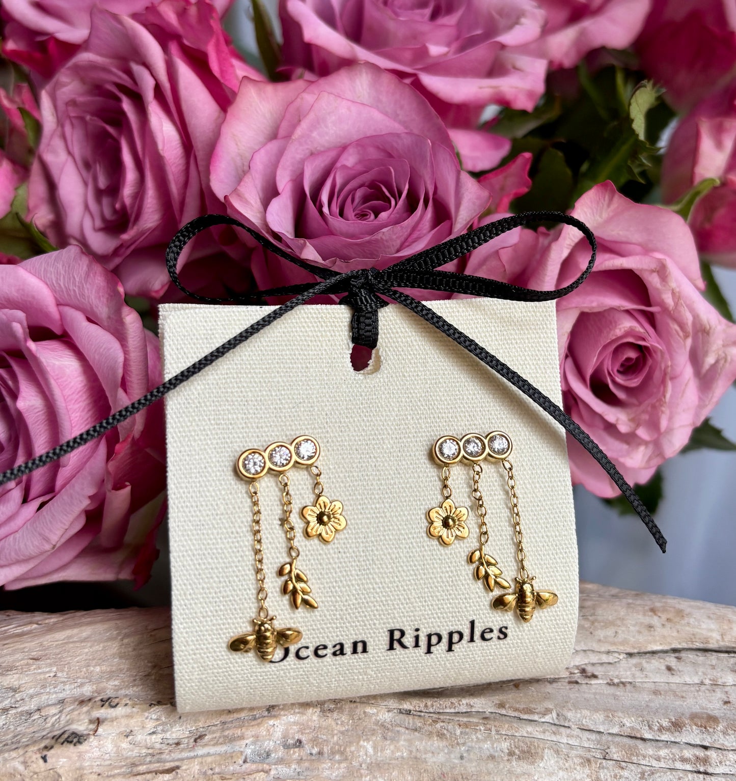 18ct Gold Plated Cubic Zirconia Honeybee Charm Drop Earrings