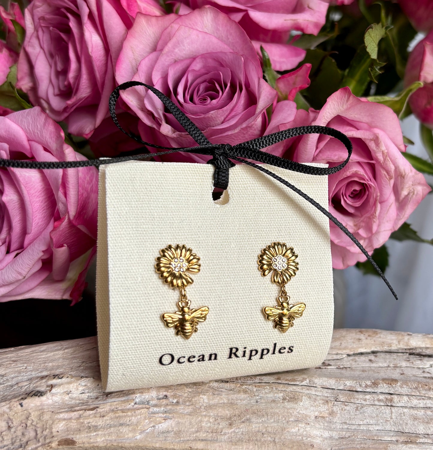 18ct Gold Plated Cubic Zirconia Honeybee Drop Earrings