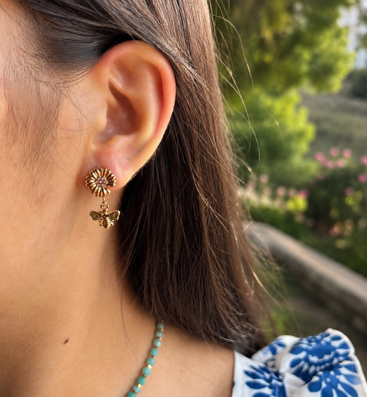18ct Gold Plated Cubic Zirconia Honeybee Drop Earrings
