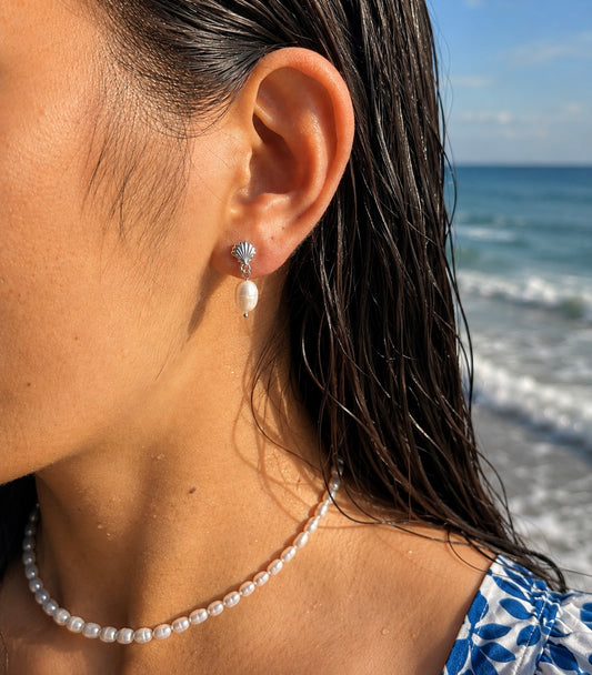 Rhodium Plated Fresh Water Pearl Shell Earrings
