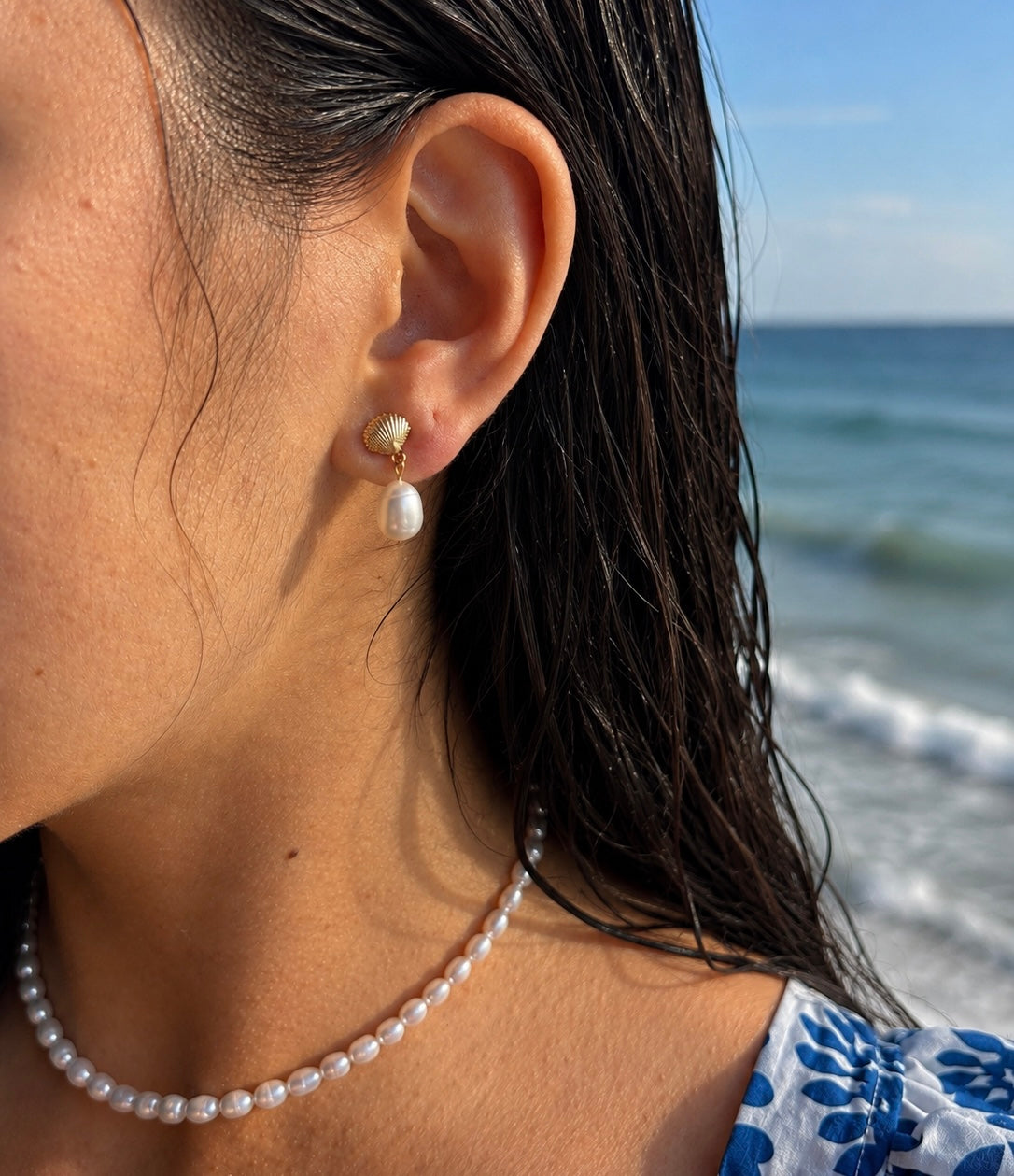 14ct Gold Plated Fresh Water Pearl Shell Earrings