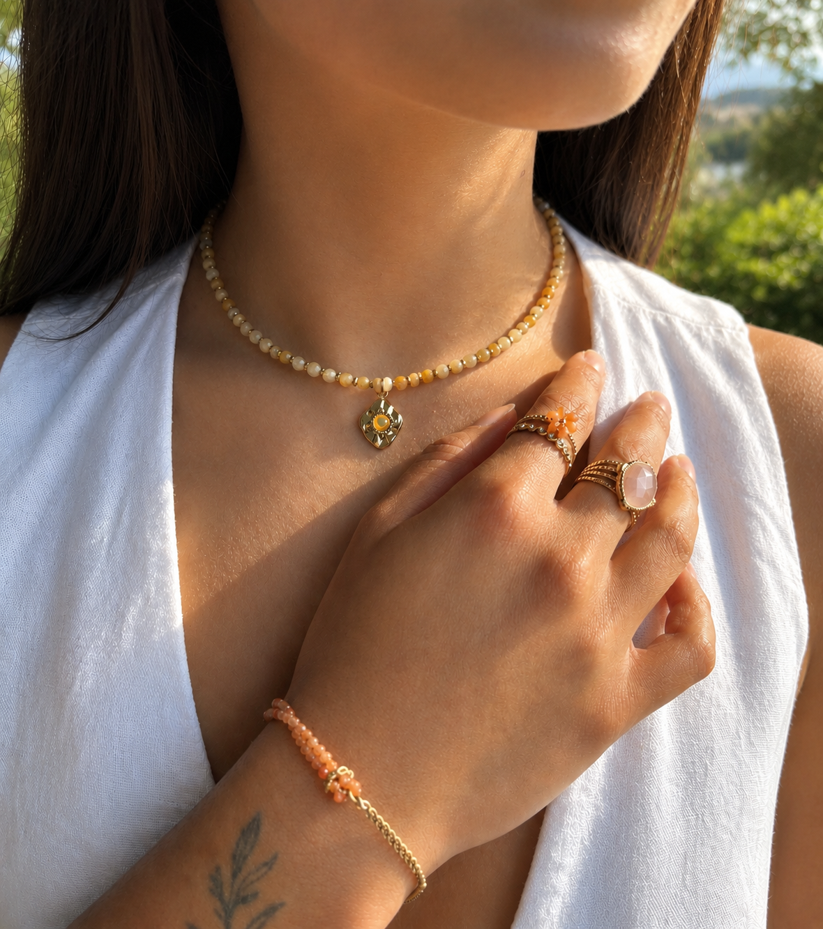 18ct Gold Plated Orange Aventurine Beads Twisted Chain Bracelet