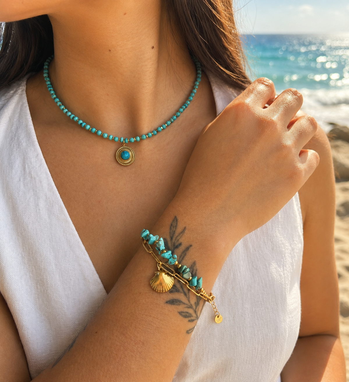 18ct Gold Plated Turquoise Double Chain Bracelet with Shell Charm