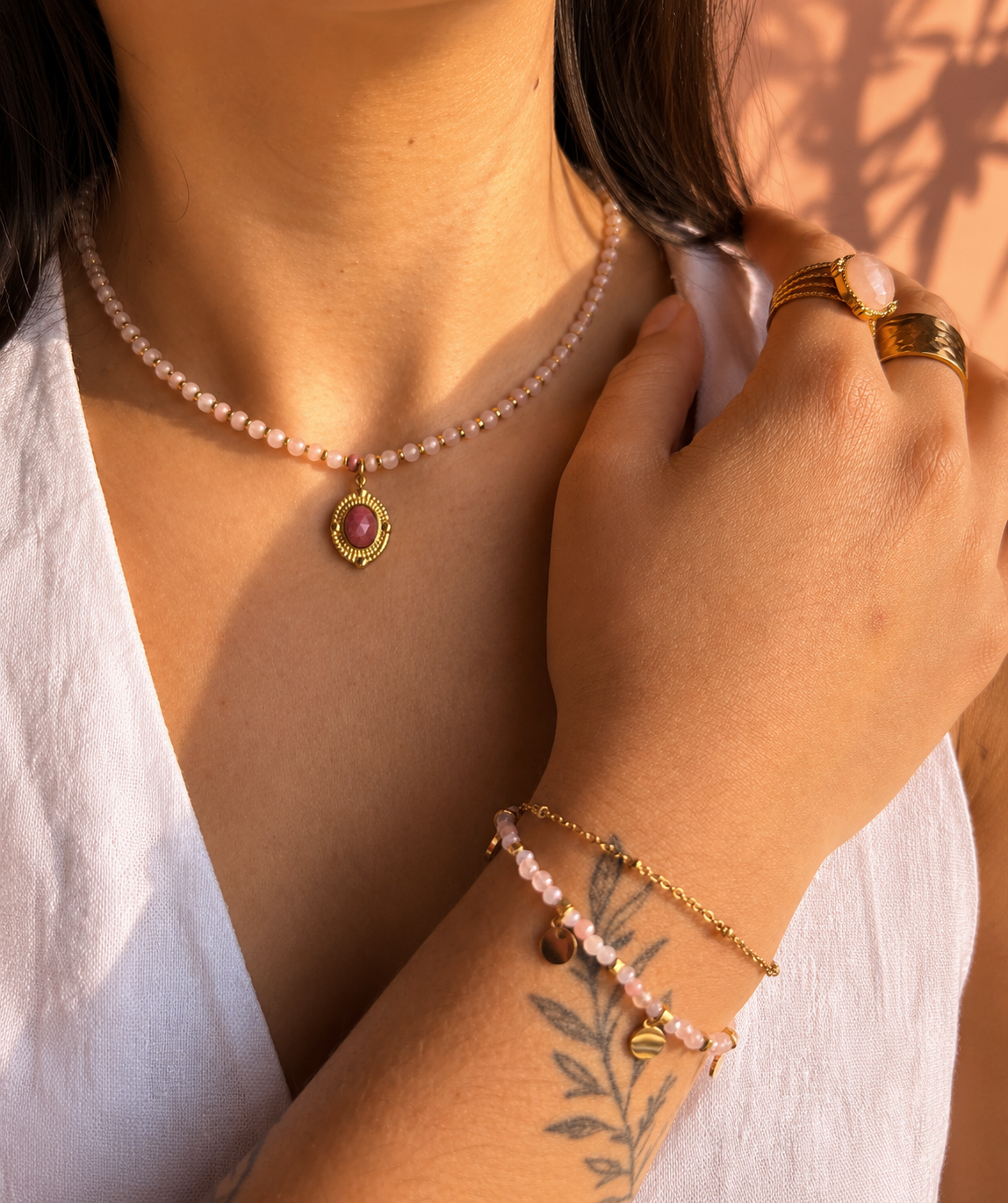 18ct Gold Plated Rose Quartz Beads Necklace