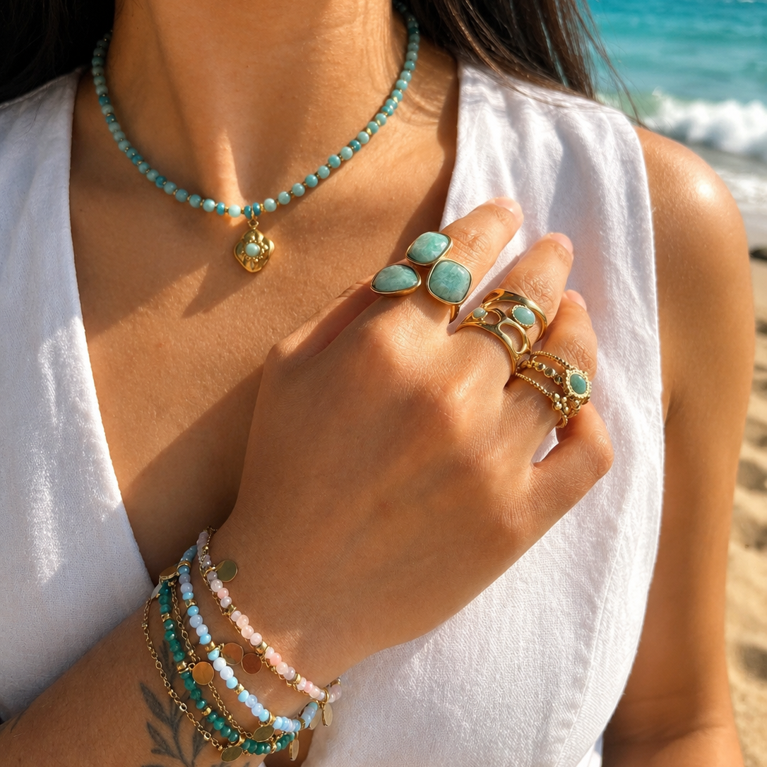 18ct Gold Plated Faceted Amazonite Triple Band Ring