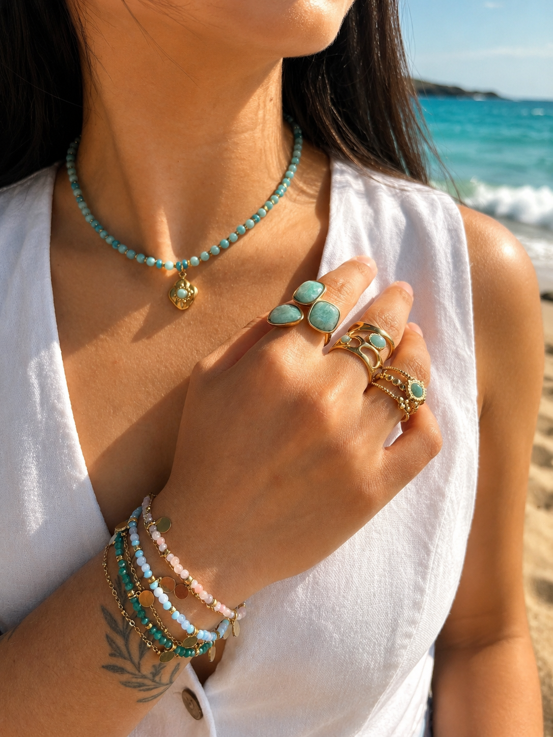 18ct Gold Plated Amazonite Beads Necklace