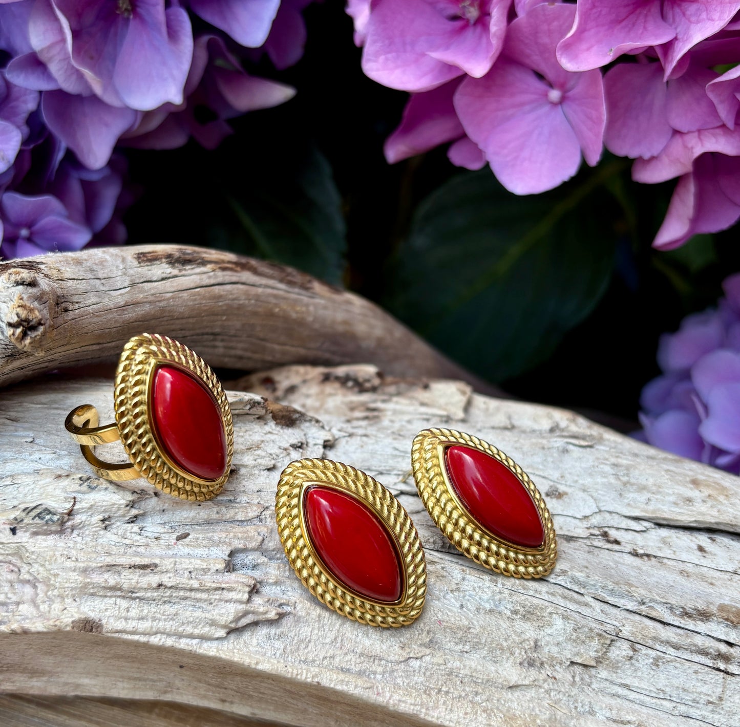 18ct Gold Plated Red Agate Statement Earrings & Ring Set - Save BIG