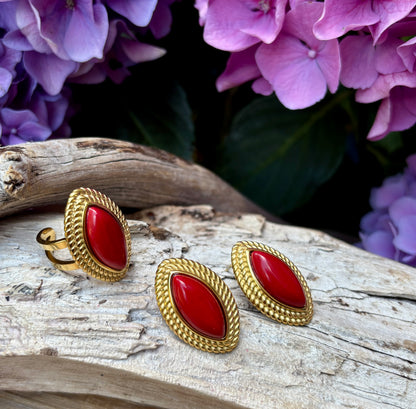 18ct Gold Plated Red Agate Statement Earrings & Ring Set - Save BIG