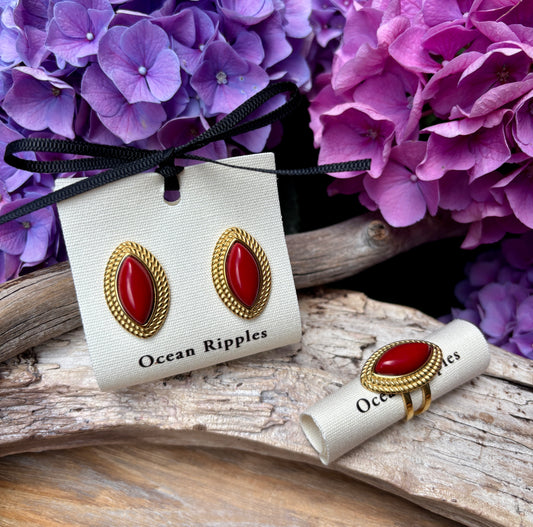 18ct Gold Plated Red Agate Statement Earrings & Ring Set - Save BIG