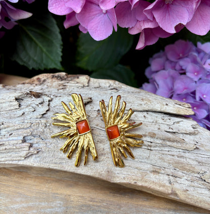 18ct Gold Plated Agate Fan Earrings