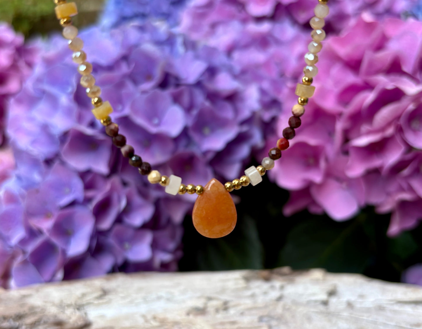 18ct Gold Plated Natural Stone Beads Necklace with Carnelian Pendant