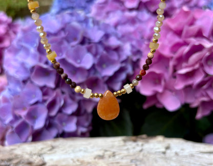 18ct Gold Plated Natural Stone Beads Necklace with Carnelian Pendant