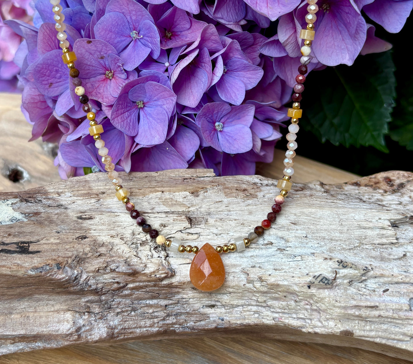 18ct Gold Plated Natural Stone Beads Necklace with Carnelian Pendant