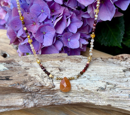 18ct Gold Plated Natural Stone Beads Necklace with Carnelian Pendant