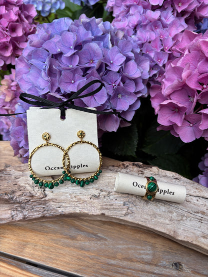 18ct Gold Plated Malachite Hammered Hoop Earrings
