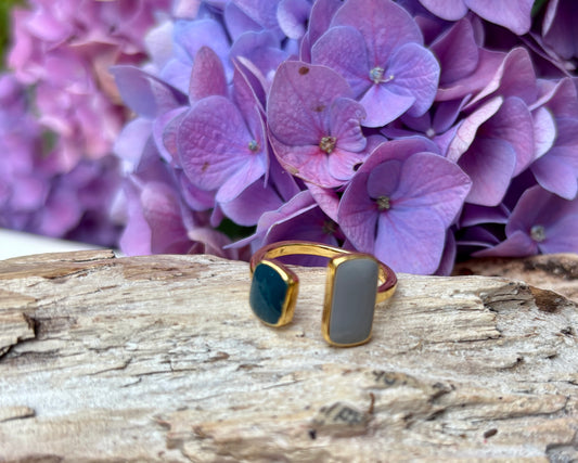 18ct Gold Plated Square Teal & Grey Ring