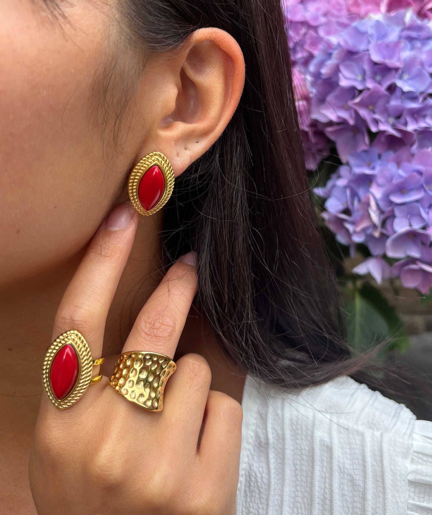 18ct Gold Plated Red Agate Statement Earrings & Ring Set - Save BIG
