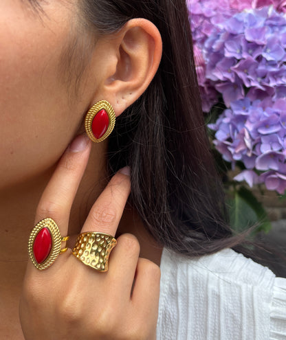 18ct Gold Plated Red Agate Statement Earrings & Ring Set - Save BIG