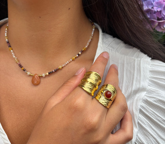 18ct Gold Plated Natural Stone Beads Necklace with Carnelian Pendant