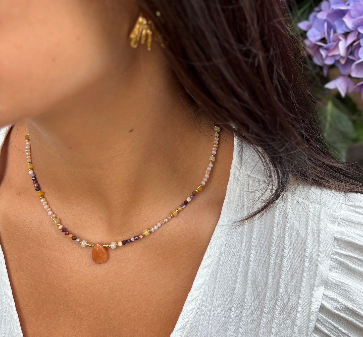 18ct Gold Plated Natural Stone Beads Necklace with Carnelian Pendant