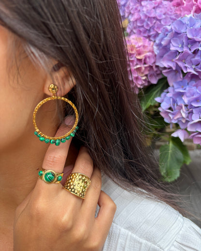 18ct Gold Plated Malachite Hammered Hoop Earrings