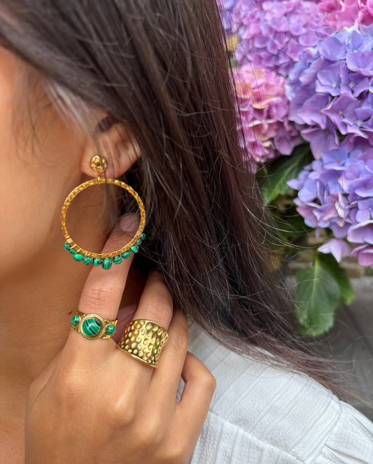 18ct Gold Plated Malachite Hammered Hoop Earrings