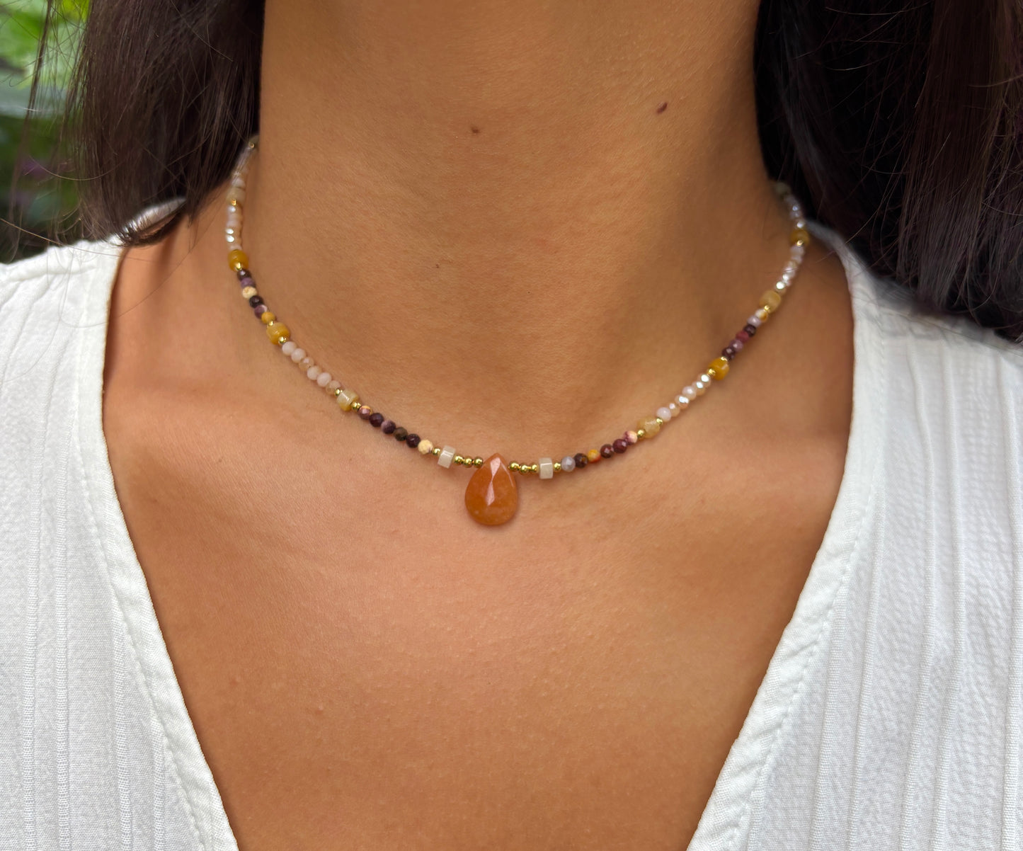 18ct Gold Plated Natural Stone Beads Necklace with Carnelian Pendant