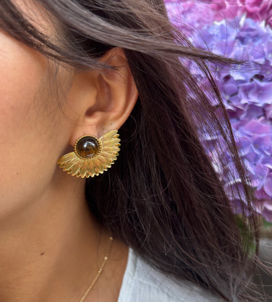18ct Gold Plated Tiger's Eye Sunflower Earrings