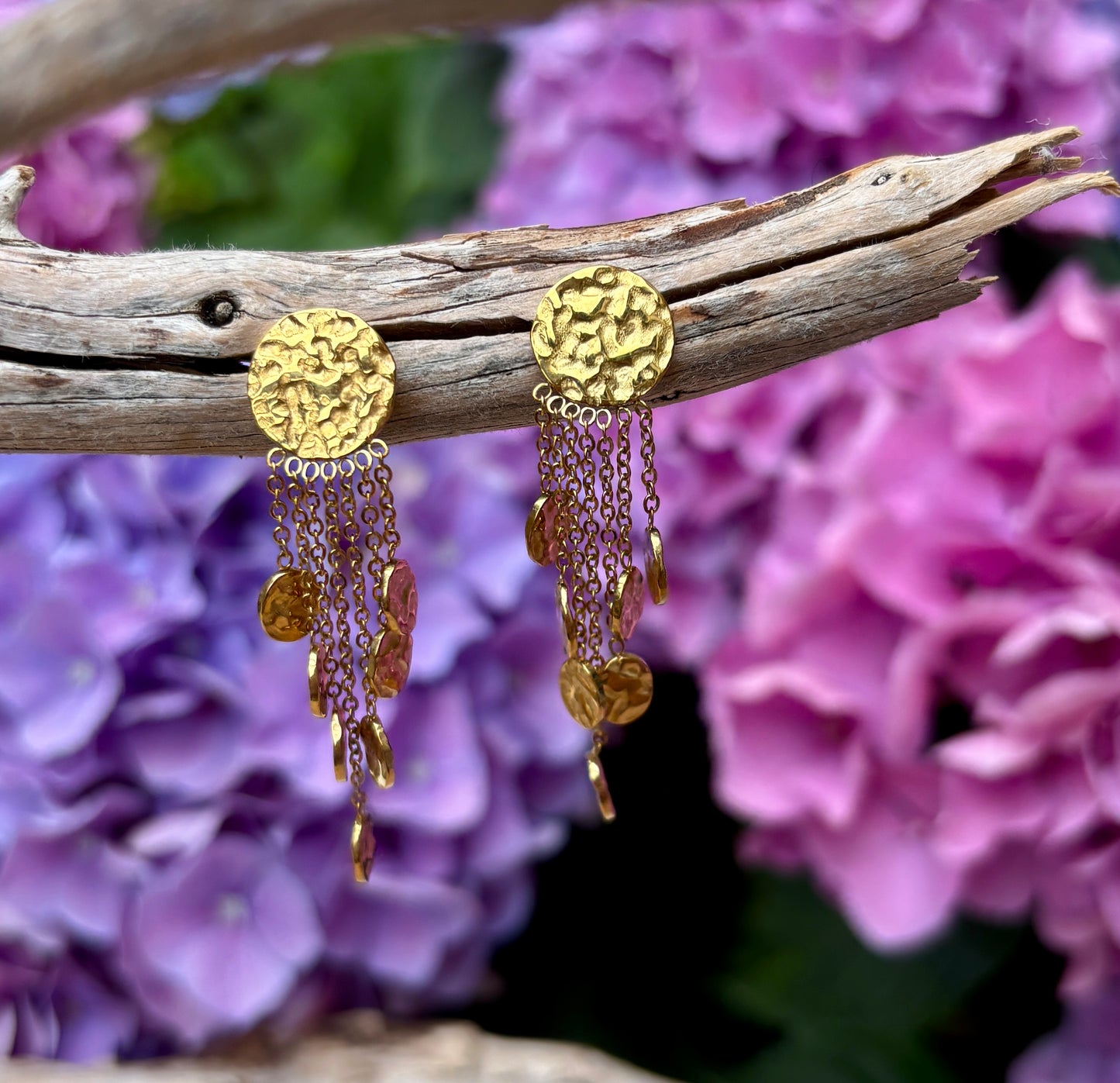 18ct Gold Plated Hammered Discs Dangle Earrings