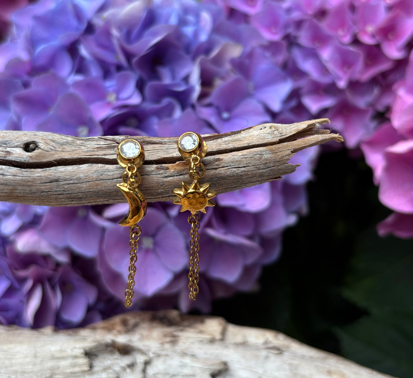 18ct Gold Plated Sun and Moon Chain Dangle Earrings