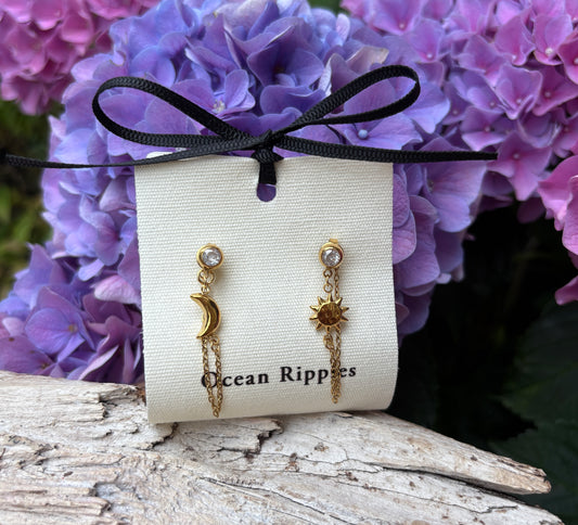 18ct Gold Plated Sun and Moon Chain Dangle Earrings
